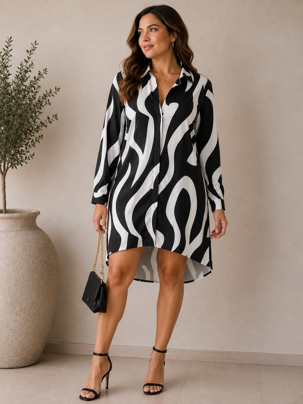 SHEIN Black & White Abstract Shirt Dress